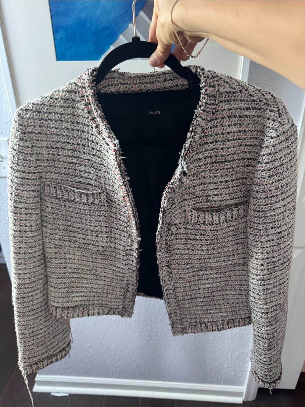 Theory Tweed Cropped Blazer in Light Pink and Black Fleck